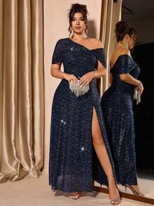 Cravure 大码女装新款时尚金属箔网纱露肩连衣裙 - 藏蓝色 - 查看 3