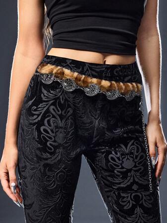 Goth Fashionable Double Layered Star & Moon Women's Pants Chain & Waist Chain Leopard Yellow Imitation Fuzz