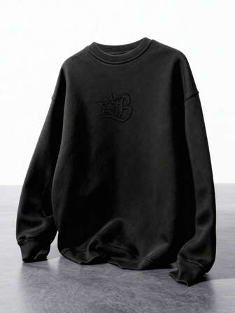 Manfinity EMRG 3D Steel Pressing Logo Black  Round Neck Drop Shoulder Long Sleeve Casual Pullover Sweatshirt Men Gift
