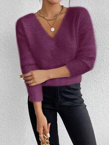 EMERY ROSE White V-Neck Casual Soft & Cozy Sweater, Long Sleeve Pullover Top, Autumn/Winter - Red Violet - View 5