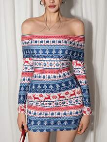Sweetina 女式圣诞驯鹿印花露肩长袖修身迷你连衣裙 - 彩色 - 查看 1