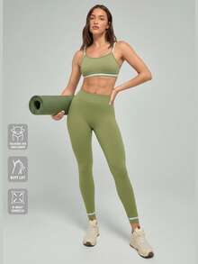 Fluxe Set de 2 piezas de ropa deportiva sin costuras y sin espalda con bloqueo de color (Top tipo camiseta corta y mallas) - Verde - Ver 1