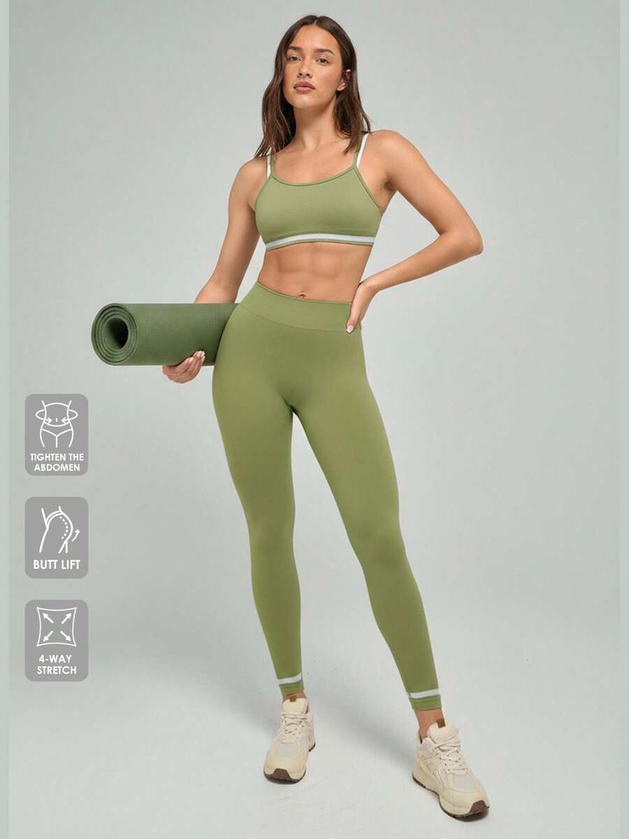 Fluxe Set de 2 piezas de ropa deportiva sin costuras y sin espalda con bloqueo de color (Top tipo camiseta corta y mallas) - Verde - Ver 1