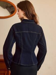 Vintamour 女士修身牛仔外套，四季皆宜，适合圣诞节、新年、感恩节等各种场合，优雅派对外套，金色纽扣细节和修身腰线设计，尽显女性曲线。 - 深色水洗藍 - 查看 2