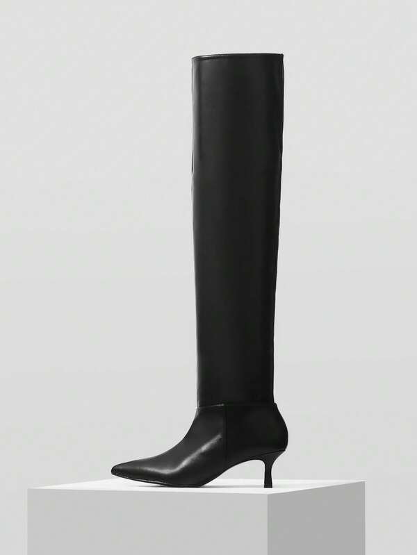 Mnmlis Stivali alti sopra il ginocchio con punta affusolata e tacco alto in camoscio nero, alla moda per l'autunno/inverno