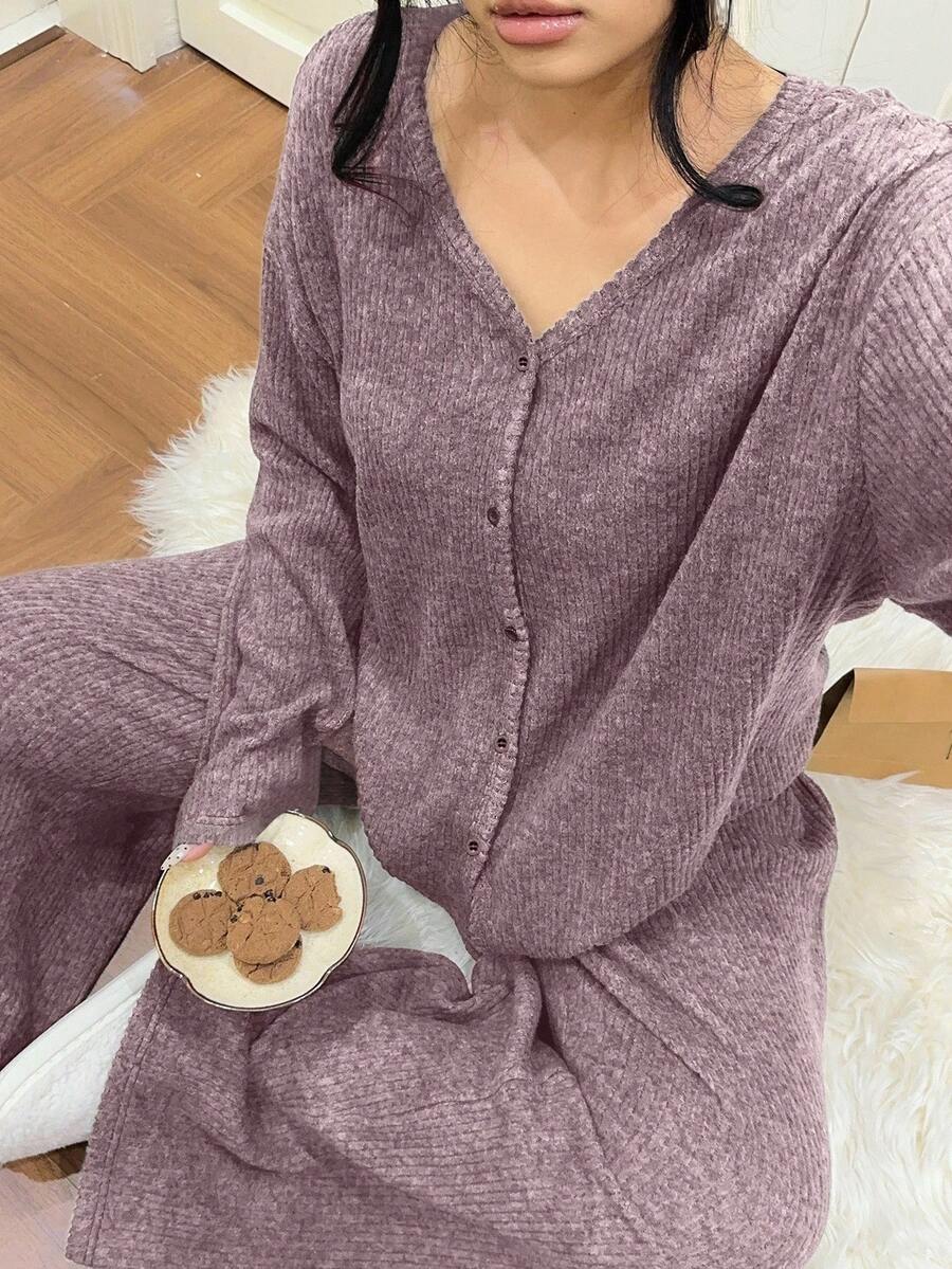 Dazy Plus 2 Stücke Große Größen Damen Dicke Fleece V-Ausschnitt Locker Top und Hose Pyjama Set, modische Hauskleidung für Herbst/Winter - Mauve - Übersicht 1