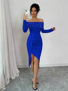 Elenzga Women's Open Shoulder Long Sleeve Ruched High Slit Pearl Design Bodycon Dress For New Year Clothes - Royal Blue - View 4