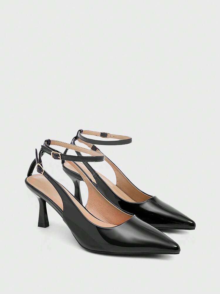 CUCCOO BIZCHIC Women's Pointed Toe Ankle Strap Cross Strap Stiletto Heel Pumps, Faux Leather, Classic Black, Formal Wear, Office, Versatile