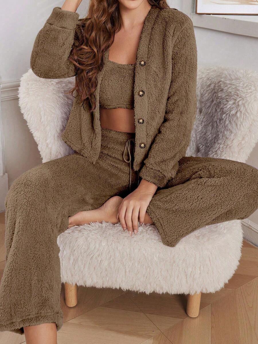 SHEIN 3件套女士休闲毛绒纯色背心、裤子和上衣套装，秋冬季蓬松舒适套装，女士休闲两件套家居服套装 - 棕色 - 查看 1