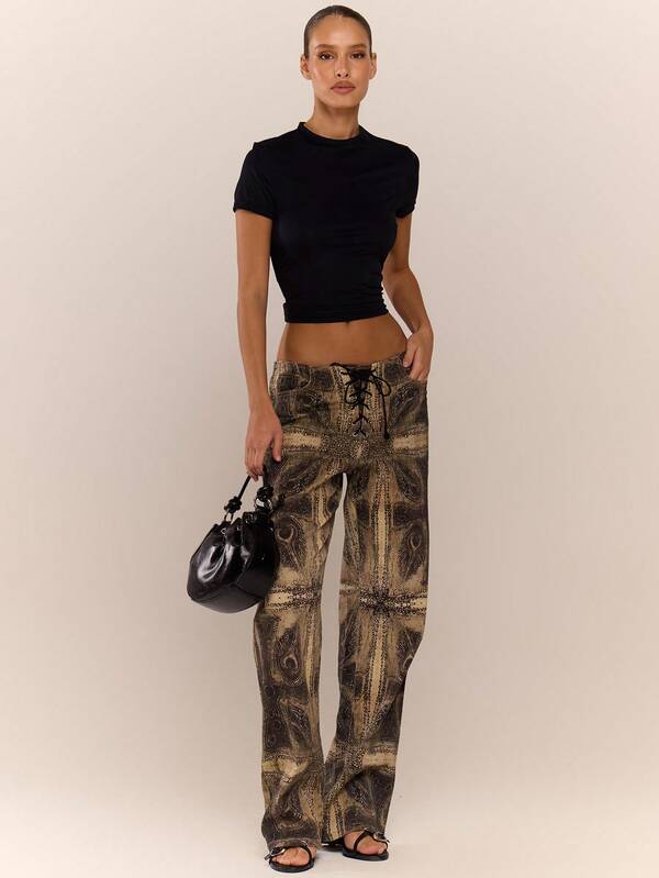 MUSERA Peacock Print Lace Up Straight Leg Printed Jeans Cool Girl Streetstyle Going Out Winter Spring Summer