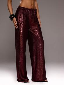 MUSERA Mid Rise Tie Front Sequin Wide Leg Trousers Autumn Winter Sexy Elegant Occasion Party Evening  NYE