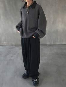 FRIFUL 女士华夫格纹针织高领卫衣，撞色装饰，金属纽扣点缀，灯笼袖，加厚长袖套头衫，秋冬款 - 灰色 - 查看 6