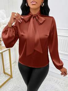 SOLERSUN 光泽优雅的杏色衬衫，适合女士通勤、休闲商务，适合新年假期派对服装 - 鏽棕色 - 查看 5