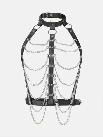 ROMWE Grunge Punk Steampunk 1pc Women's Solid Color Leather & Metal Chains Body Harness Halter Neck Belt For Festival Party Costume Gothic