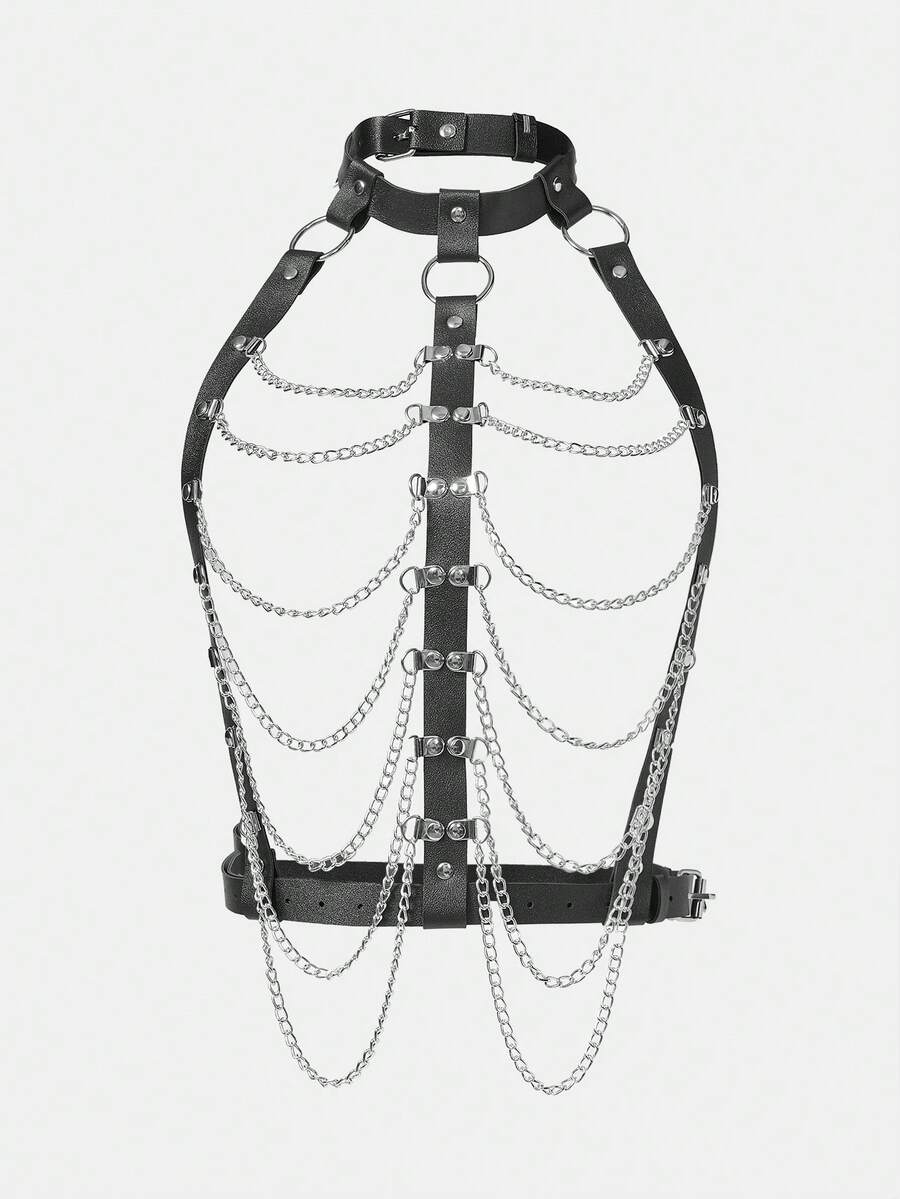 ROMWE Grunge Punk ستيمبونك قطعة واحدة للنساء موحد اللون جلد & فلز السلسلة سلسلة جسم رسن عنق حزام الى مهرجان حفلة ثياب قوطية - الأسود - مشاهدة 1