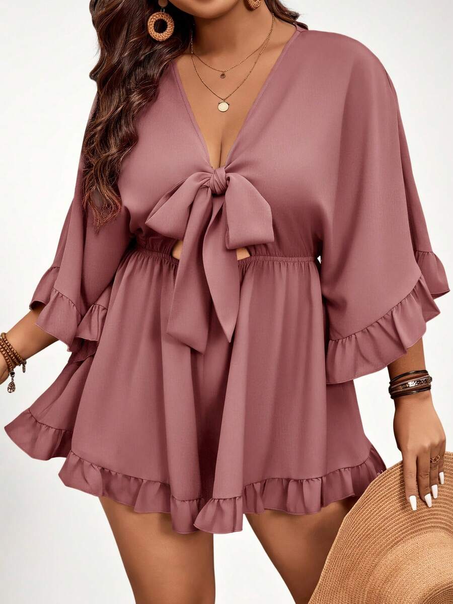 SHEIN VCAY Bộ đồ liền thân tay cánh dơi màu trơn cỡ lớn, viền bèo nhún, thắt eo - Bụi tím - Xem 1