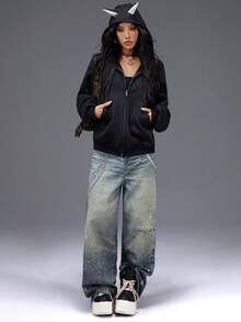 Bloopia Women's Casual Long Sleeve Hoodie Jacket With Dog Ear Design And Zipper Pockets - Black - View 3