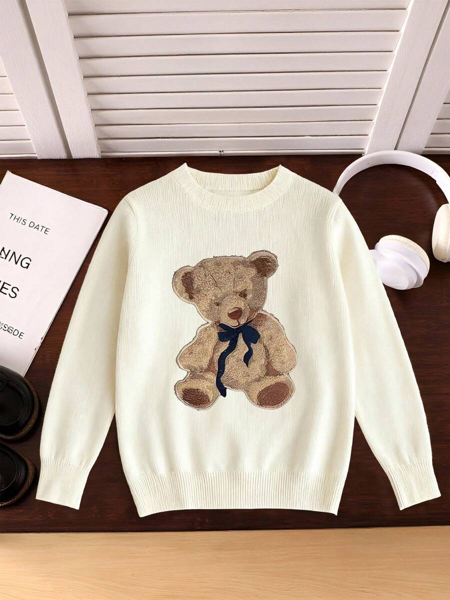 SHEIN 1 件 Tween 女童休闲简约毛衣，可爱熊印花长袖宽松针织套头衫，适合秋冬季上学、休闲活动 - 白色 - 查看 1