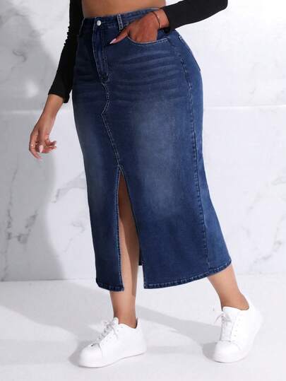 SHEIN SXY Plus Size Button Waist Band Split Bodycon Denim Skirt With Pocket, Casual & Fashionable For Daily Wear
