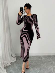 Elenzga 女士圆领喇叭袖休闲撞色修身连衣裙 - 粉色 - 查看 6