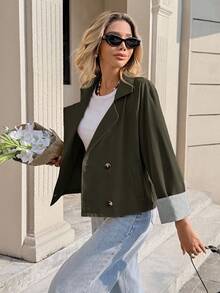 SHEIN Frenchy Áo khoác trench coat ngắn hai hàng khuy thời trang thường ngày dành cho nữ - xanh quân đội - Xem 8