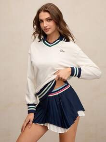 Activina 女士休闲撞色条纹卫衣 - 白色 - 查看 4