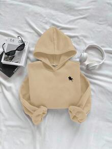 SHEIN Leap Crew Tween Girls' Casual Minimalist Thermal Lined Loose Fit Long Sleeve Sweatshirt, Suitable For Autumn/Winter - Camel - View 5