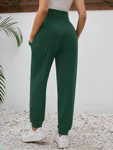 SHEIN Maternity Solid Color Casual Pants - Dark Green - View 2