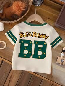 LOONEY TUNES X SHEIN 男婴休闲字母兔子印花圆领短袖上衣，夏季 - 白色 - 查看 2