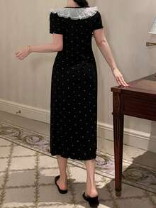 DAZY Camisón de mujer con estampado de lunares y cuello con volantes, vestido de mujer para estar en casa - Negro - Ver 2