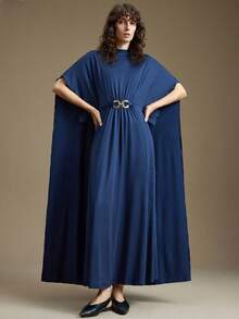 Ontre 女士纯色立领褶皱金属环装饰连衣裙 - 寶藍色 - 查看 1