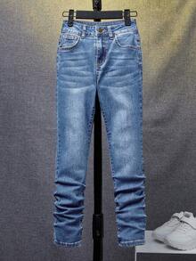 SHEIN Tween Boys' Solid Color Casual Skinny Fit Distressed Denim Jeans, Suitable For Spring/Summer - Light Wash - View 6