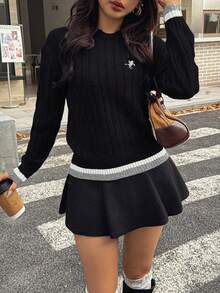 Ritzy Row Women's Contrast Color Embroidered Sweater, Autumn/Winter - Black - View 5