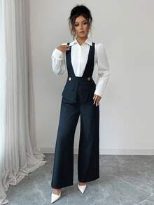 Selianne Ținută elegantă de profesoară pentru femei, din material gros, cu decolteu adânc în V, de culoare neagră, potrivită pentru Ziua Independenței, Cyber Monday, Halloween, Festivalul de cumpărături din 11 noiembrie, petrecerea de întoarcere la școală, petrecerea pentru celibatari, sărbători, Ajunul Crăciunului, Crăciun, Ziua Recunoștinței, Diwali, călătorii, la locul de muncă, salopetă de toamnă - Albastru marin - Vizualizare 5