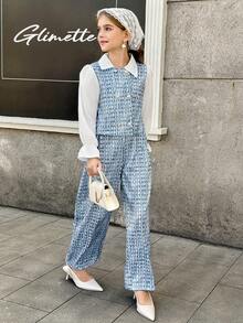 SHEIN 两件套：拼接长袖衬衫 + 休闲直筒裤 - 藍色 - 查看 5