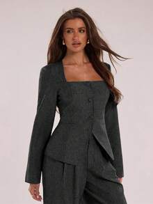 SHEIN BAE Distinctive Square Collar Design Office Blazer - Dark Grey - View 6