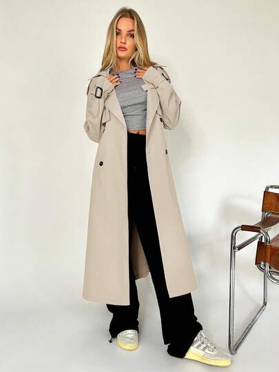 SHEIN x Carly Lawrence SHEIN EZwear Double Breasted Belted Trench Coat In Fall/Winter