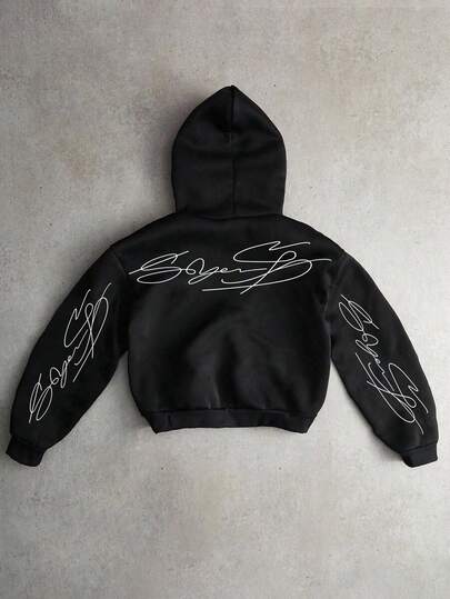 Sudadera con capucha con cremallera y gráfico de letras casual para hombre, otoño