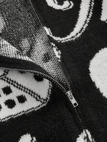 ROMWE MEN Prep Men's Jacquard Knit Cardigan, Dark Streetwear Fashion, Long Sleeve Top - Black and White - View 5