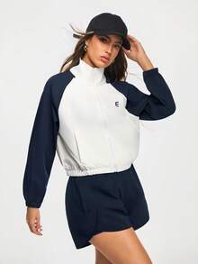 Eassivo Eassivo Women's White And Navy Blue Color Block Zip Up Jacket,Lightweight Windbreaker, Long Sleeve Raglan Athletic, Casual Fitness Running Sportswear, Cropped Windbreaker, Cropped Workout Jacket, Sporty Women,Tennis Jacket - Multicolor - View 4