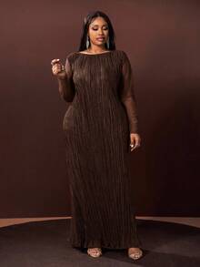 Veslaya 秋冬新品，优雅百搭，适合派对、约会、晚宴、毕业典礼、生日、婚礼等场合，宽松纯绿色网纱拼接长袖A字褶皱长裙，大码 - 圣诞连衣裙 - 棕色 - 查看 3