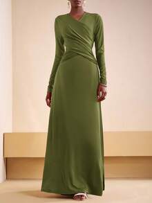 Zivah 2025 初秋夏季新款日常约会通勤商务女士优雅沙滩游轮派对简约流行生日派对高端交叉露背长袖针织拼接缎面亮面面料女士修身长裙-A - 軍綠色 - 查看 5