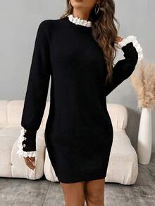 SHEIN LUNE Women's Contrast Color Ruffle Trim Long Sleeve Dress - Black - View 4