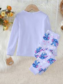 SHEIN Playful Pals 2pcs Baby Girls' Cute Blue Rabbit Purple Top & All-Over Rabbit Print Leggings Knitted Elastic Thermal Lining Purple Long Sleeve Pants Pajama Set Pajama Baby Set Baby Girl Warm Sets Cartoon Baby Clothes  Snug Fit Tight Fit Pajamas - Mauve Purple - View 2