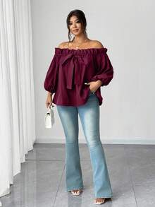 Elenzga 大码性感露肩上衣 - 酒紅色 - 查看 3