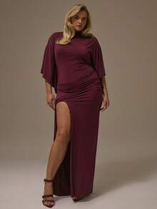 MUSERA Đầm maxi dài dáng cánh dơi, tay ngắn, cổ cao, bất đối xứng, thích hợp cho tiệc thu, dáng ôm. - Màu tím - Xem 5