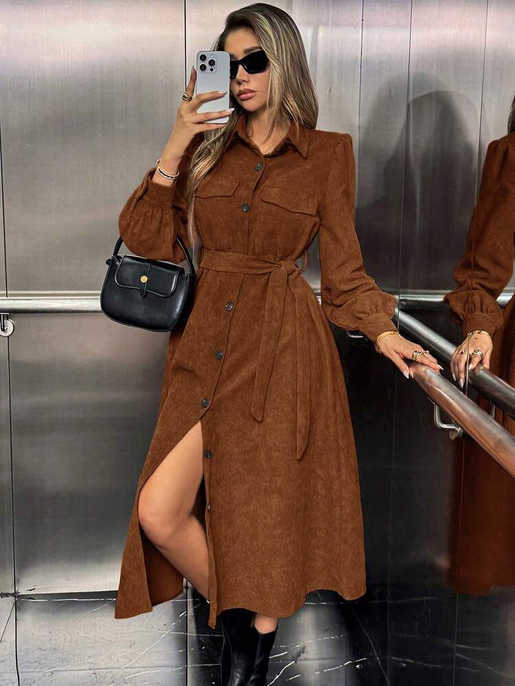 Airlisse Vestido Casual Feminino de Cor Sólida com Botões na Frente e Manga Farol, Outono - Café - Visão 1