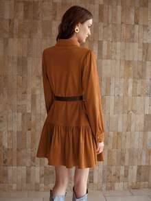 MOTF PREMIUM SUEDETTE BUTTON FRONT RUFFLE HEM BELTED DRESS - Brown - View 4