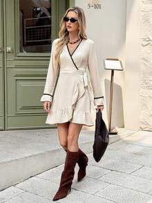 SHEIN Frenchy Women's Elegant Autumn Black Contrast Trim V-Neck Ruffle Hem Long Sleeve Mini Dress,French Style Wrap Holiday Brunch Outfits,Vintage Christmas Dress - Apricot - View 6