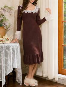 Côtesoire 法式优雅浪漫蕾丝荷叶边长袖上衣和裤子罗纹针织女士睡衣套装，适合秋冬季穿着 - 咖啡棕 - 查看 5